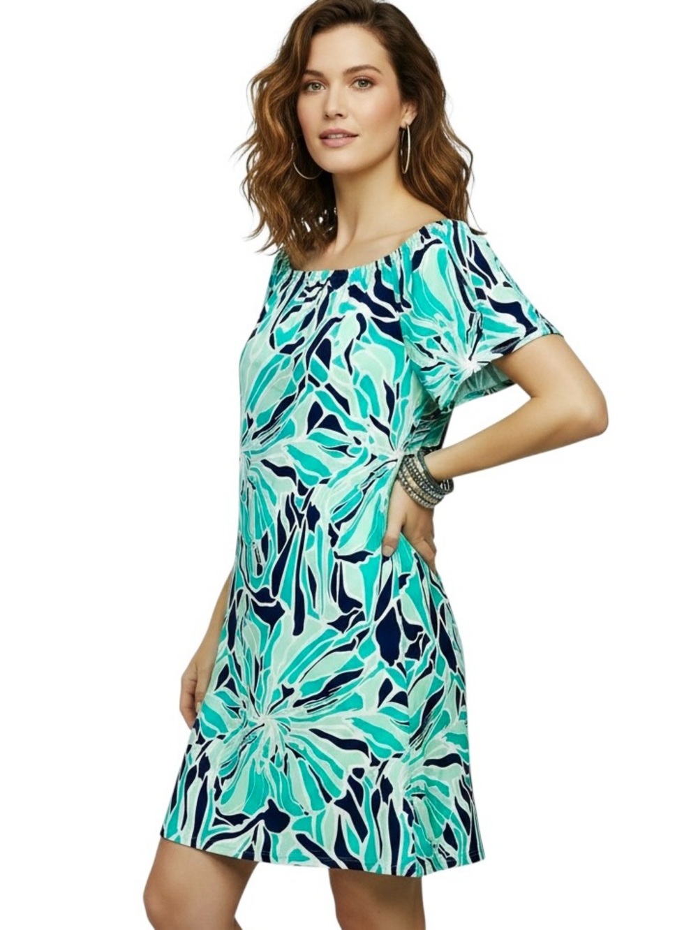 Britt Dress Resort Made USA Teal Abstract Print Pullover Shoulders Off Soft L